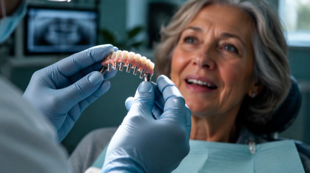 Dentist holding an All-on-4 full-arch dental implant bridge up to the light