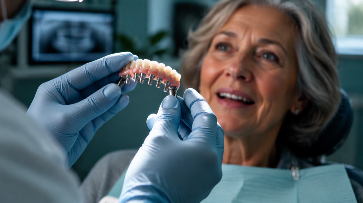 Dentist holding an All-on-4 full-arch dental implant bridge up to the light