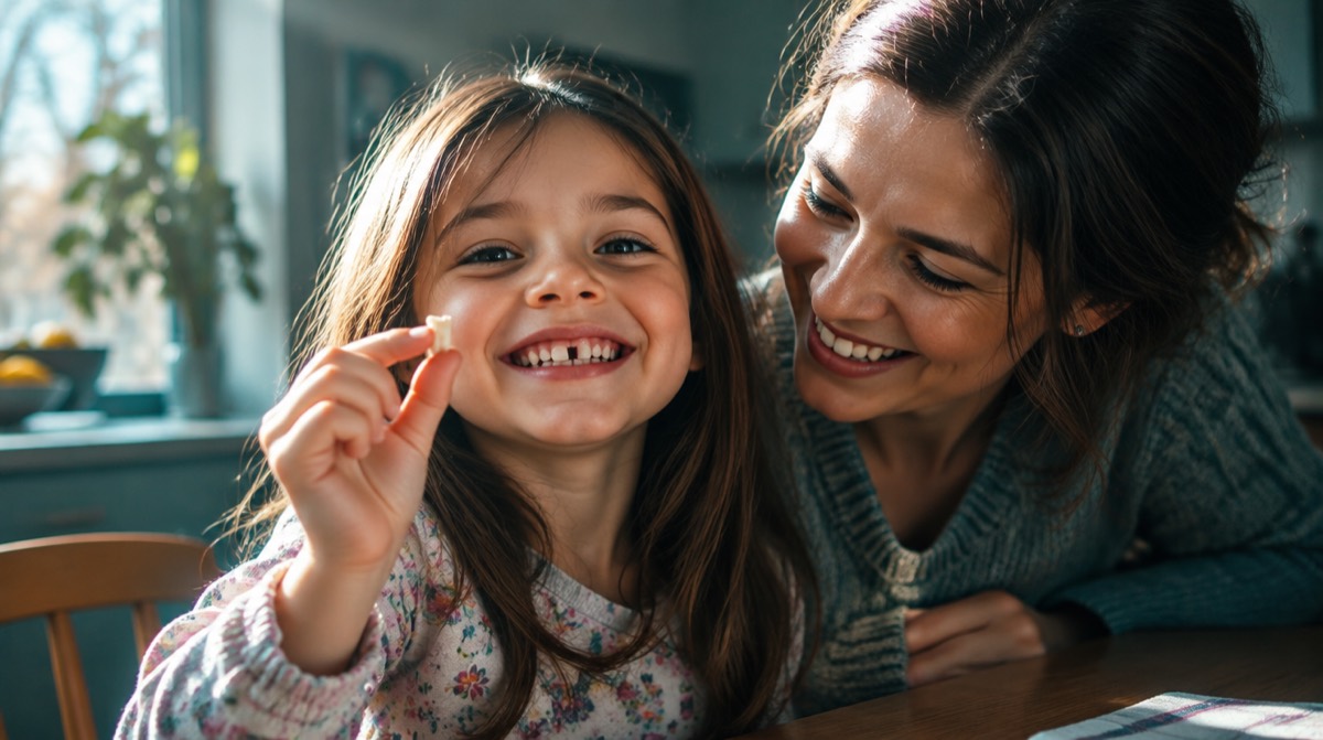 Young girl showing the gap from her first lost baby tooth while holding the tooth up to her mother