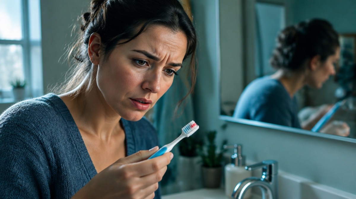 Woman noticing blood on her toothbrush after brushing her gums