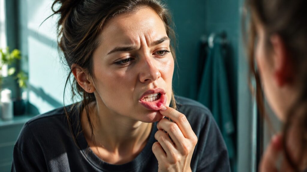 Woman inspecting a canker sore on her lower lip in a bathroom mirror