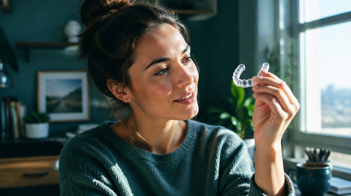 Woman holding a clear aligner tray up to the light before putting it in