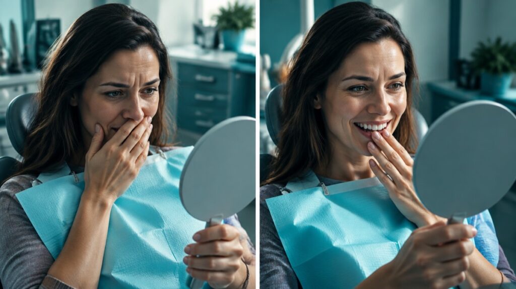 Woman reacting with surprise to her smile after cosmetic dentistry treatment