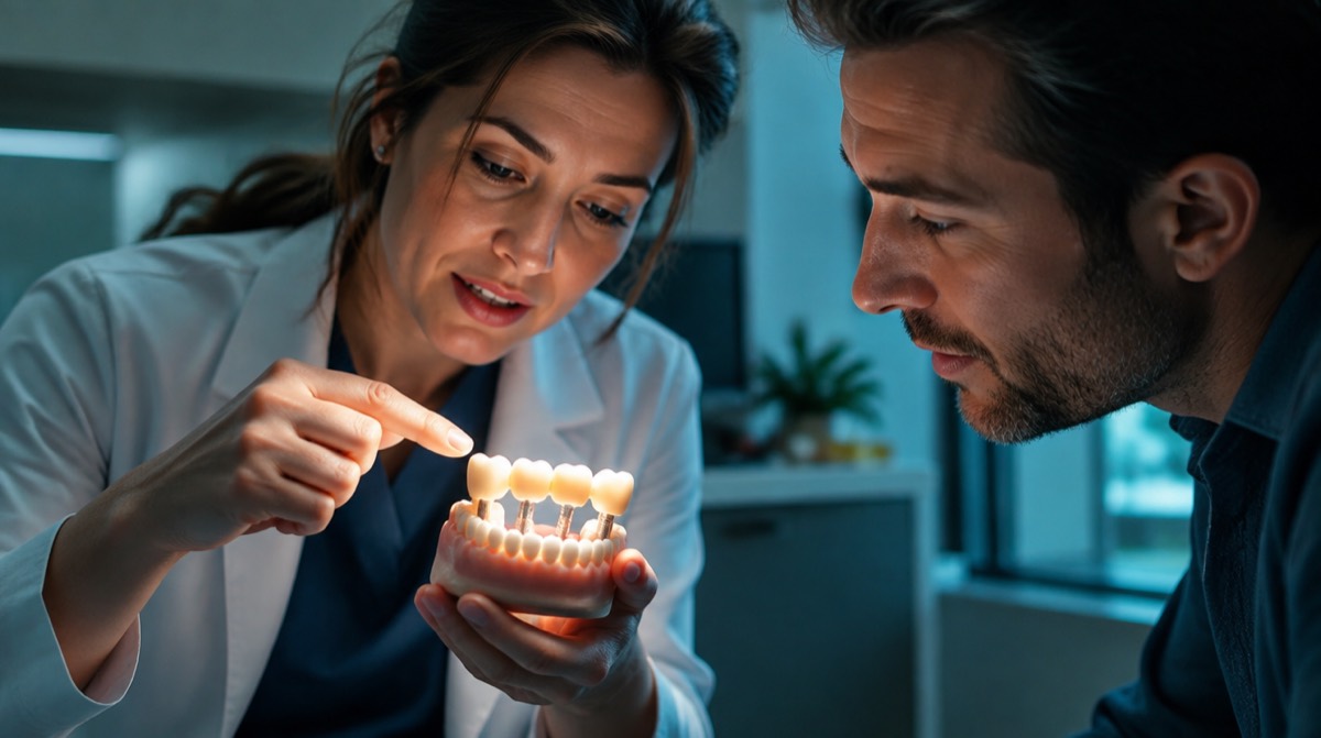 Dentist showing a patient a three-unit dental bridge on a jaw model