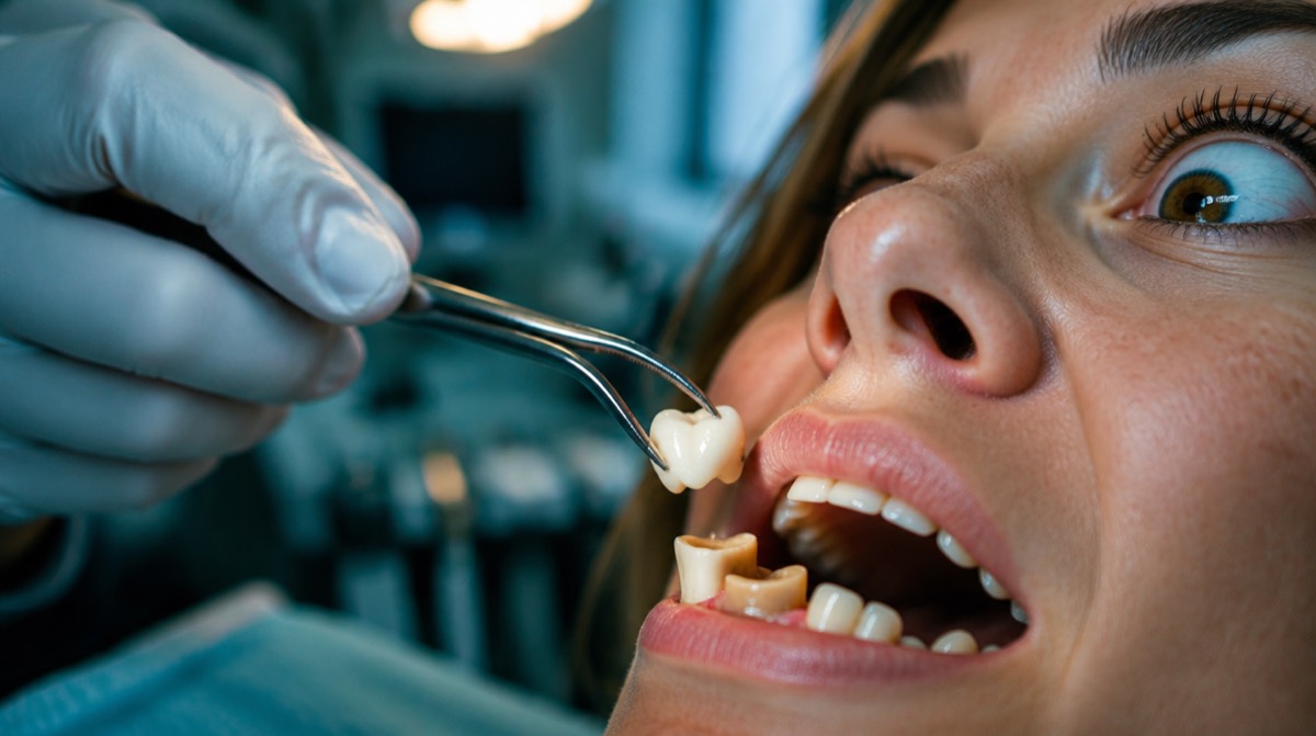 Close-up of a dentist seating a ceramic dental crown onto a prepared tooth
