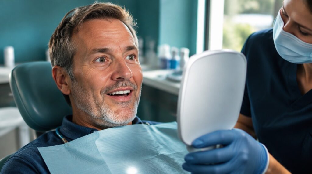 Man in a dental chair looking at his new dental implant smile in a hand mirror