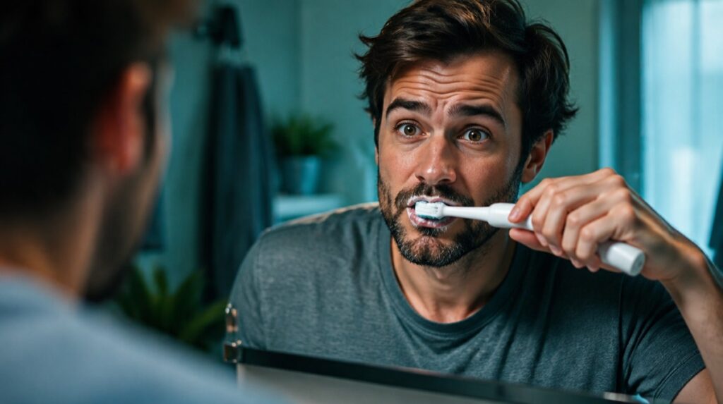 Man brushing his teeth with an electric toothbrush in front of a bathroom mirror
