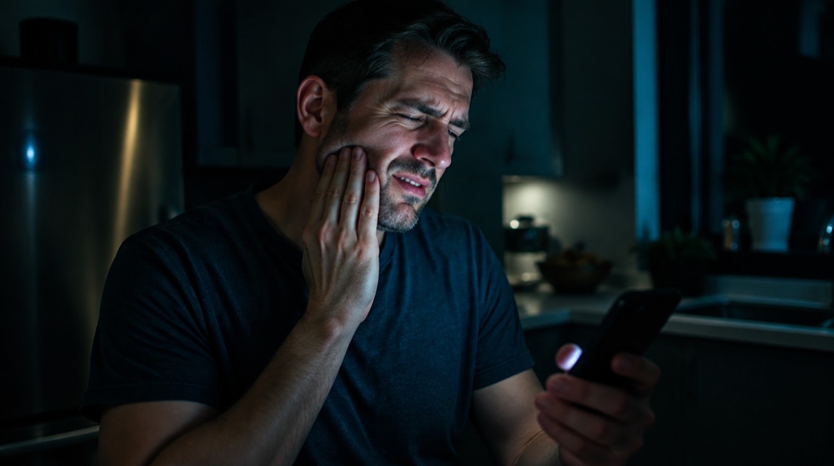 Man holding his jaw in pain late at night while searching for an emergency dentist on his phone