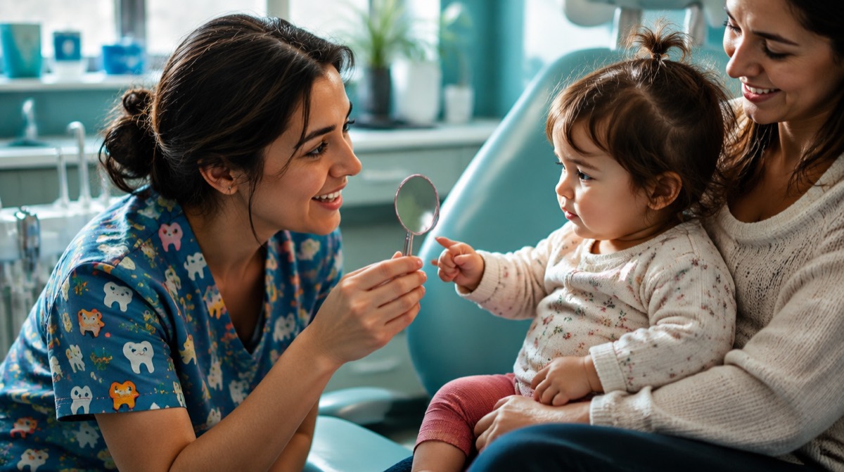 Toddler sitting on a parent's lap during a first dental visit while the pediatric dentist shows a small mirror