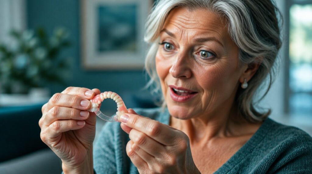 Older woman bending a translucent flexible partial denture between her fingers
