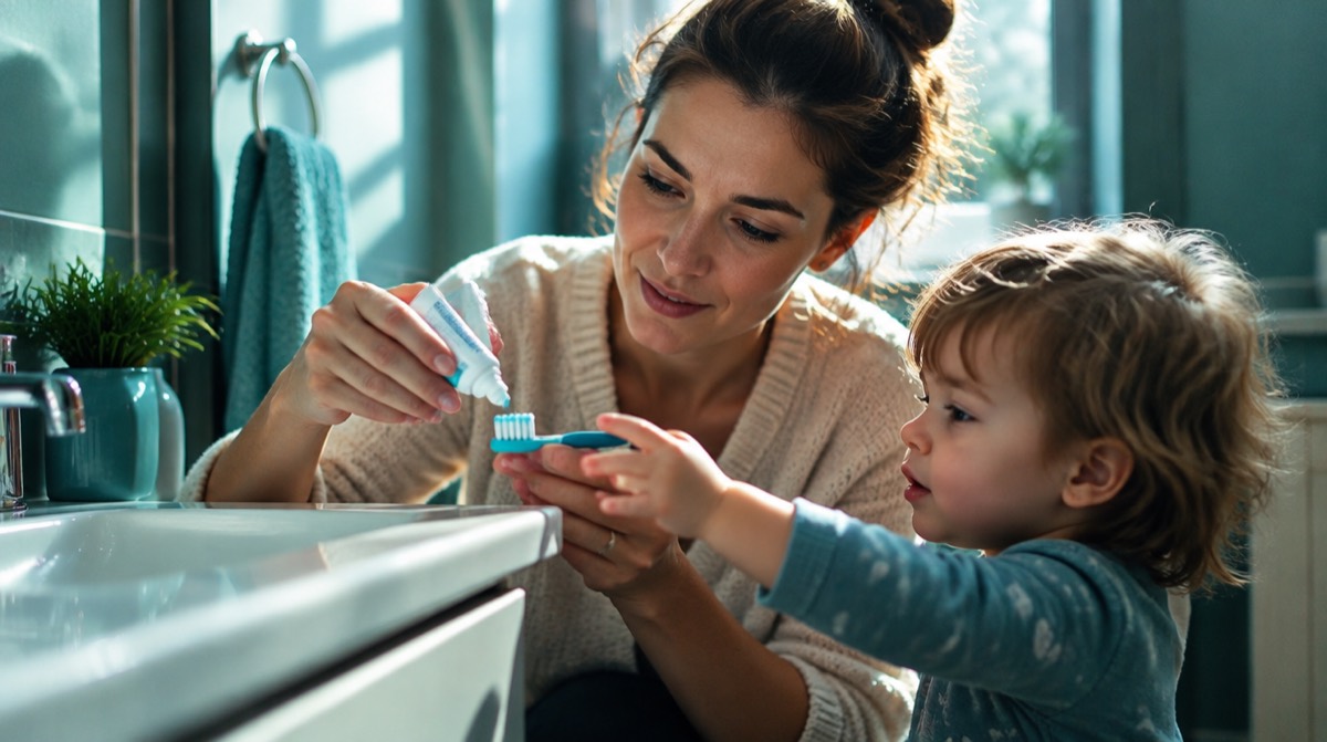 Parent putting a rice-grain amount of fluoride toothpaste on a toddler's toothbrush