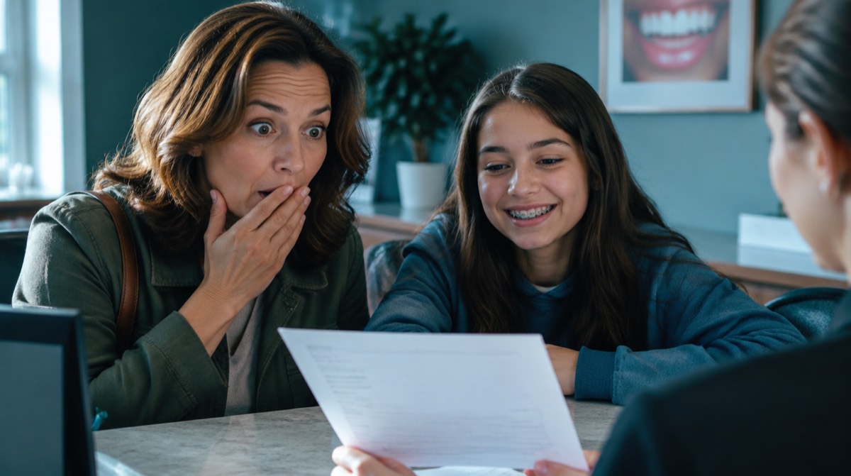 Mother reacting to the cost of braces on a quote at an orthodontist's front desk beside her teenage daughter