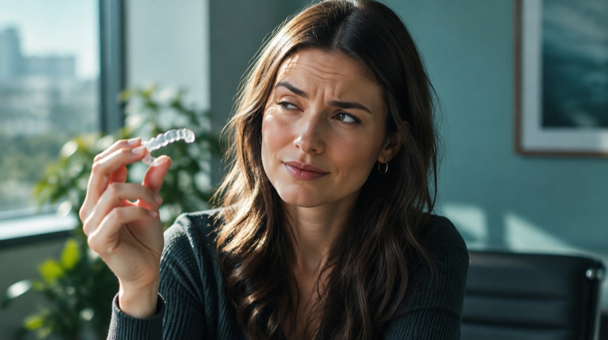 Woman holding a clear Invisalign aligner up to the light and considering the cost
