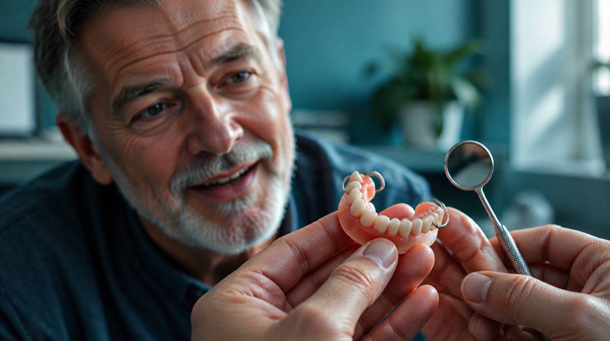 Close-up of hands holding a partial denture with metal clasps next to a dental mirror
