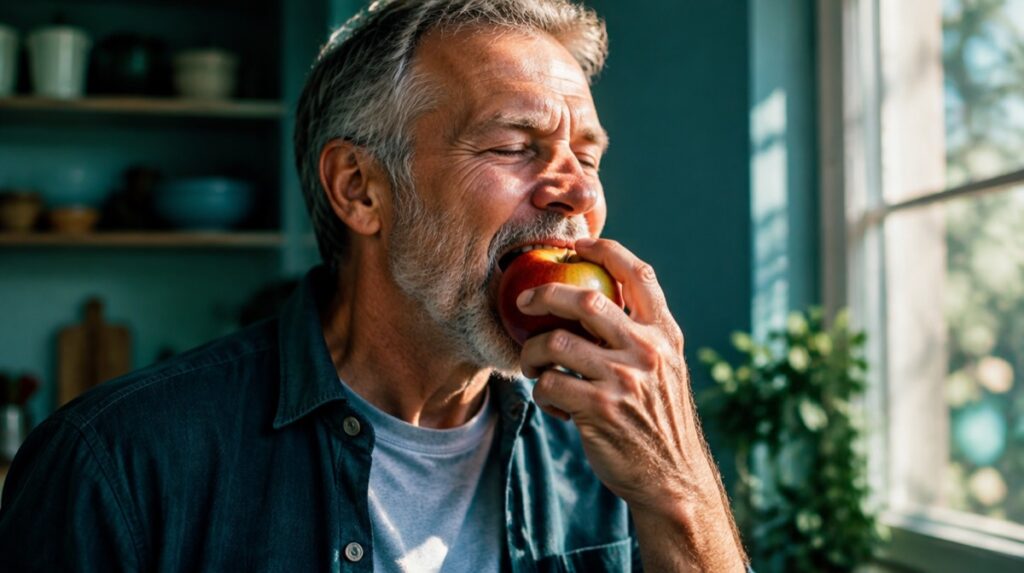 Older man biting into a crisp apple with permanent dentures