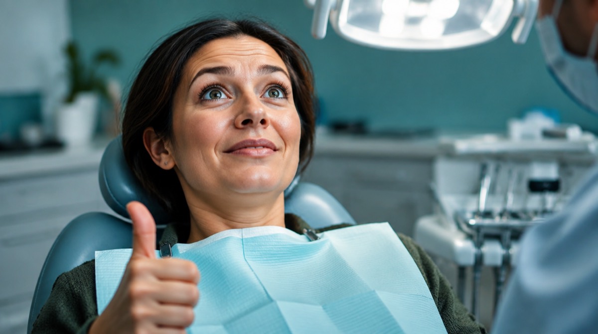 Relieved woman giving a thumbs-up in the dental chair after a root canal