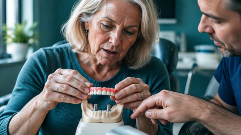 Close-up of hands snapping a lower denture onto implant abutments on a jaw model