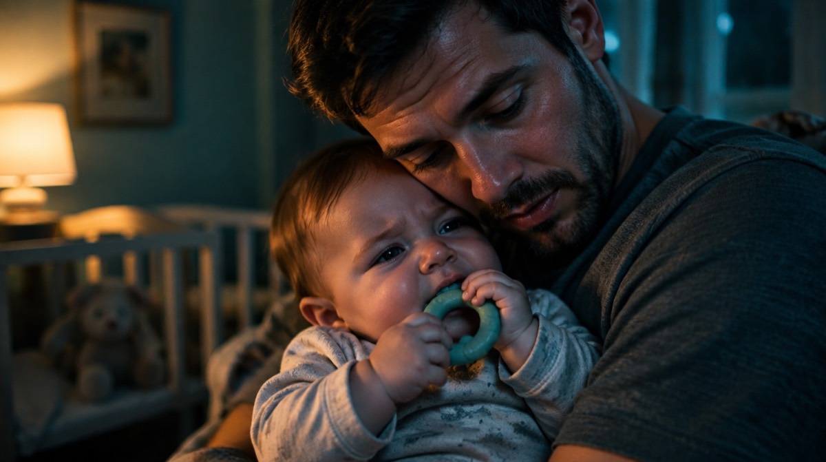 Father comforting a teething baby who is chewing on a teething ring at night