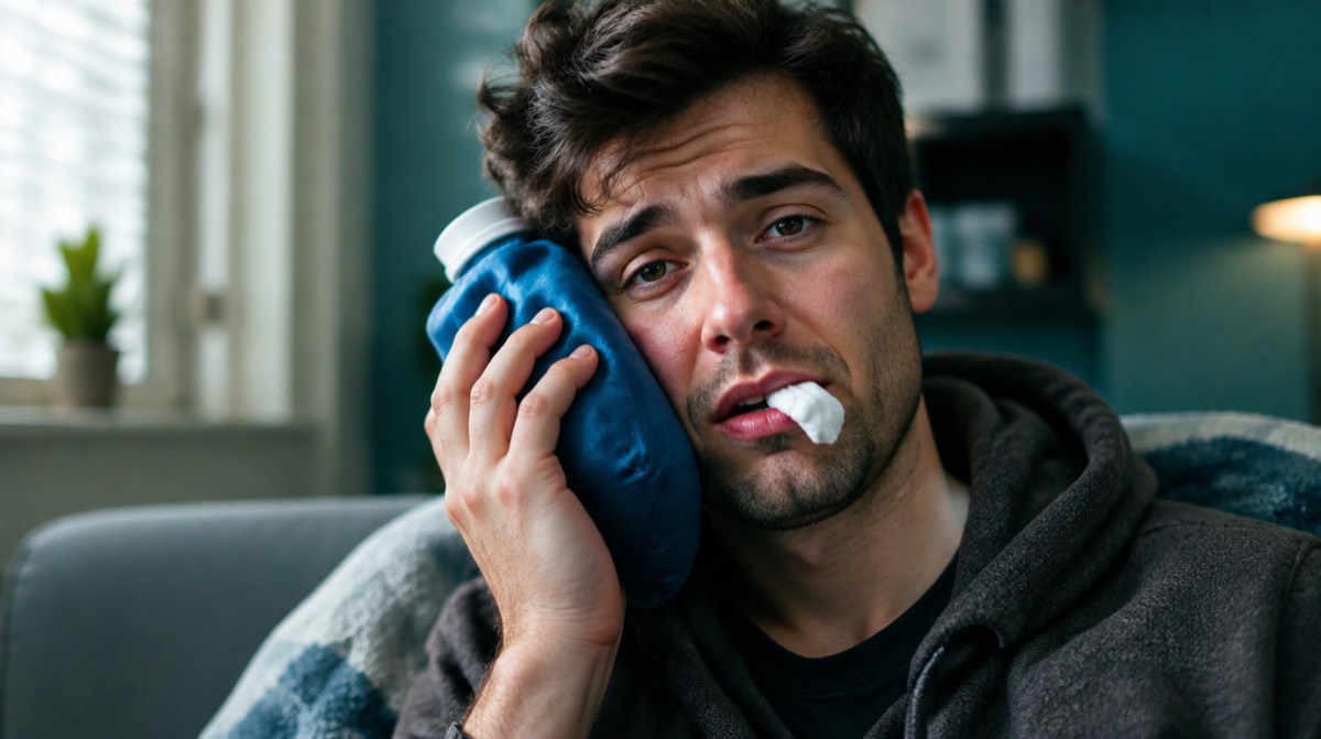 Young man holding an ice pack to his cheek with gauze in his mouth after a tooth extraction