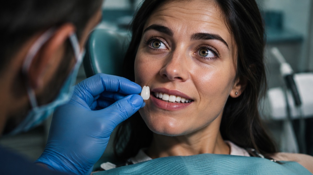 Dentist holding a single porcelain veneer against a patient's tooth to match the shade