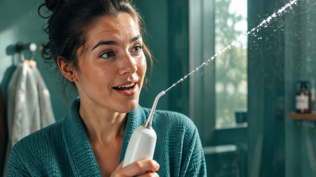 Woman using a water flosser with a jet of water catching the light in a bathroom
