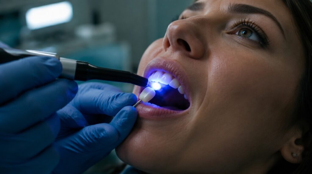 Close-up of a dentist bonding a porcelain veneer with a blue curing light
