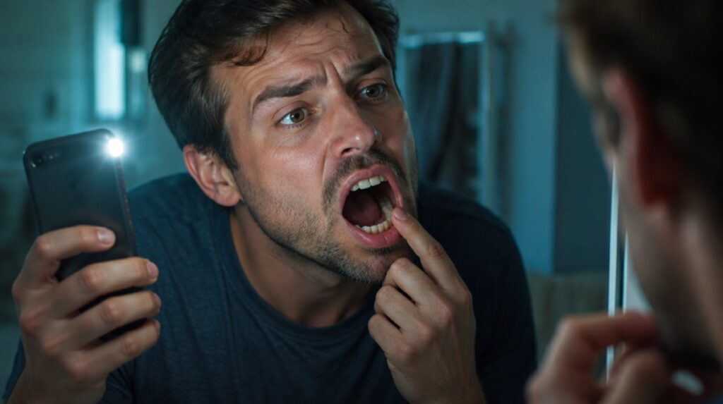 Man using his phone flashlight to look for a cavity on a molar in the bathroom mirror