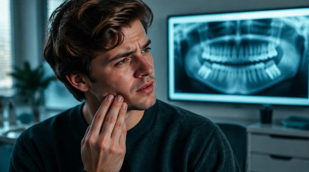 Young man pressing his jaw in pain in front of an X-ray showing impacted wisdom teeth