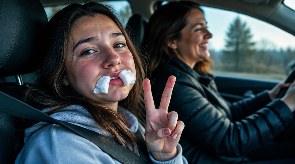 Teenage girl with gauze in her cheeks giving a peace sign in the car after wisdom teeth removal