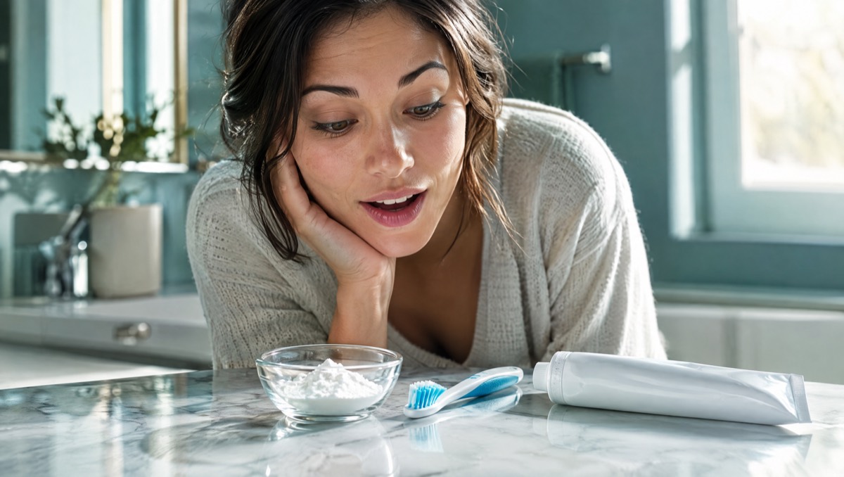 Woman looking at a bowl of baking soda beside a toothbrush and toothpaste tube on a bathroom counter