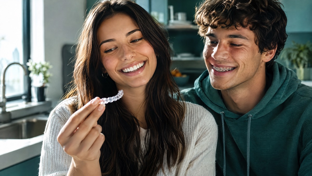 Young woman holding a clear aligner next to a young man wearing metal braces