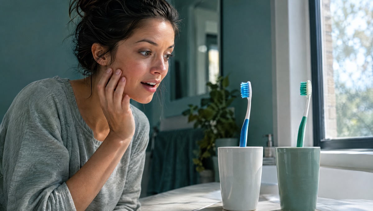Two toothbrushes standing upright in separate open cups to air dry on a bathroom counter