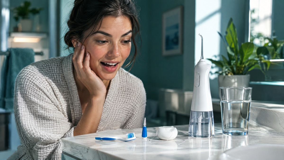 Braces cleaning tools on a bathroom counter: soft toothbrush, interdental brush, floss and a water flosser