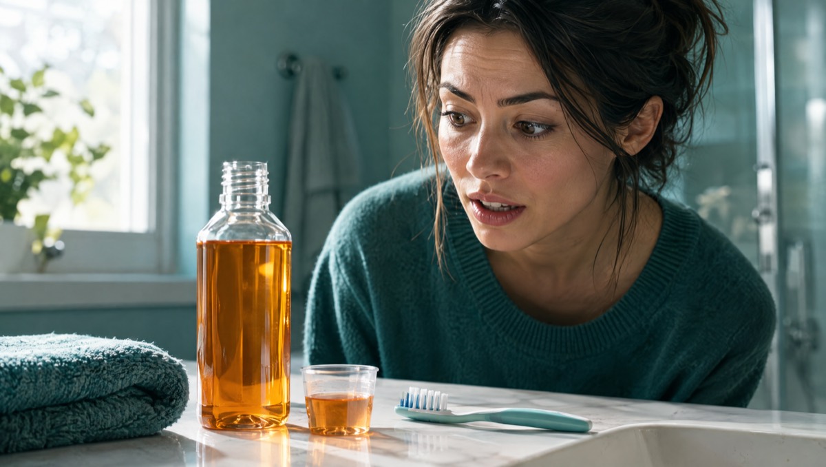 Woman looking at a bottle of mouthwash and a dosing cup on a bathroom counter