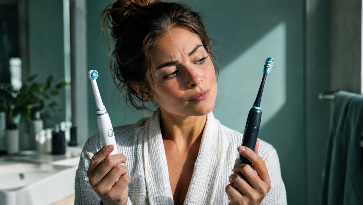 Woman comparing an Oral-B and a Sonicare electric toothbrush in a bathroom