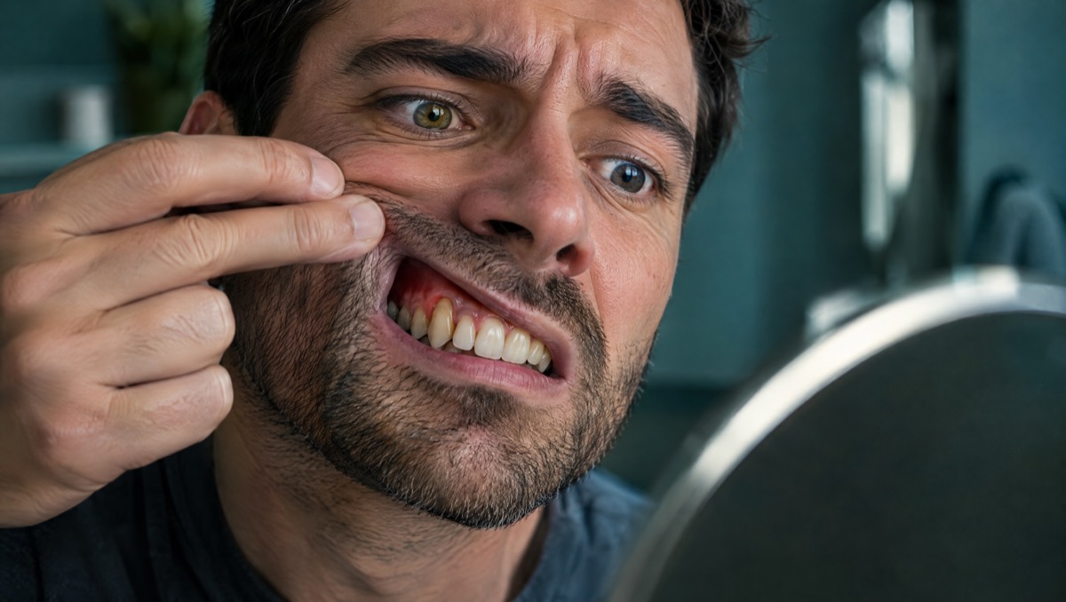 Man lifting his lip in the mirror to inspect receding gums