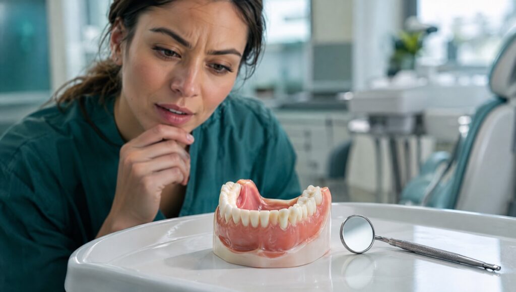 Woman looking at a dental model of a lower jaw and a dental mirror in a dental office