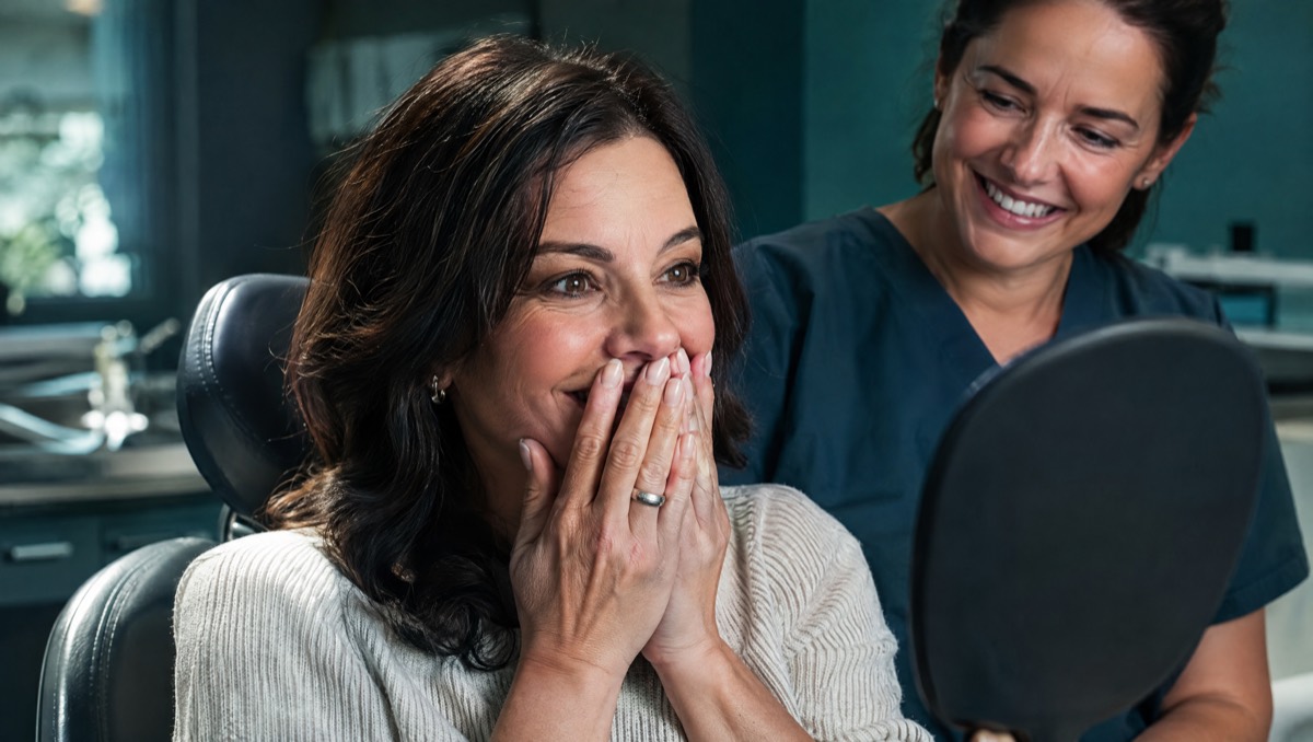 Woman reacting emotionally to seeing her new smile after a makeover