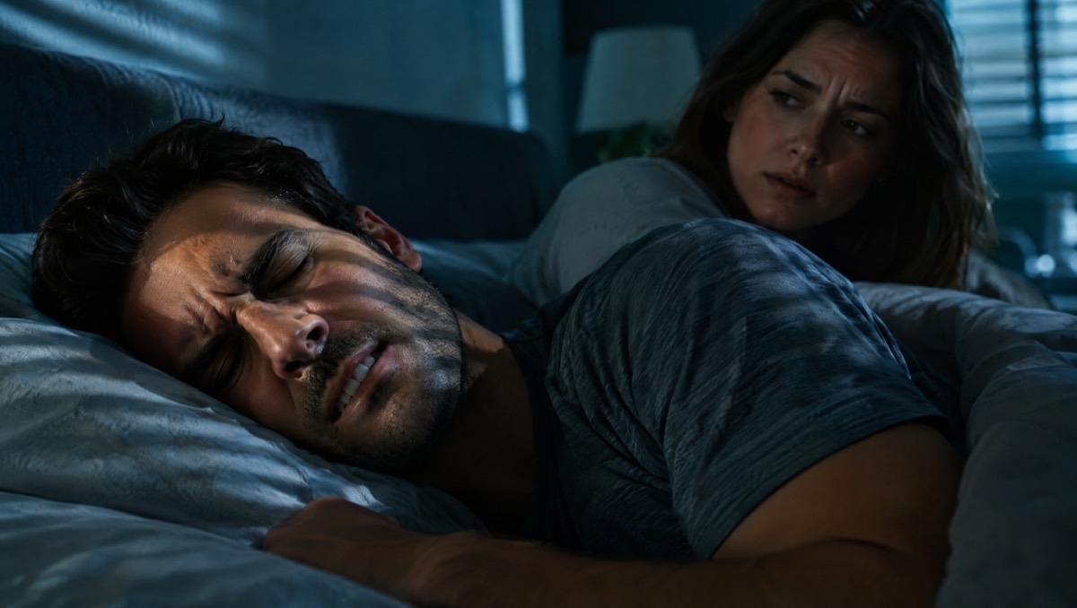 Man clenching his jaw while asleep as his partner looks on