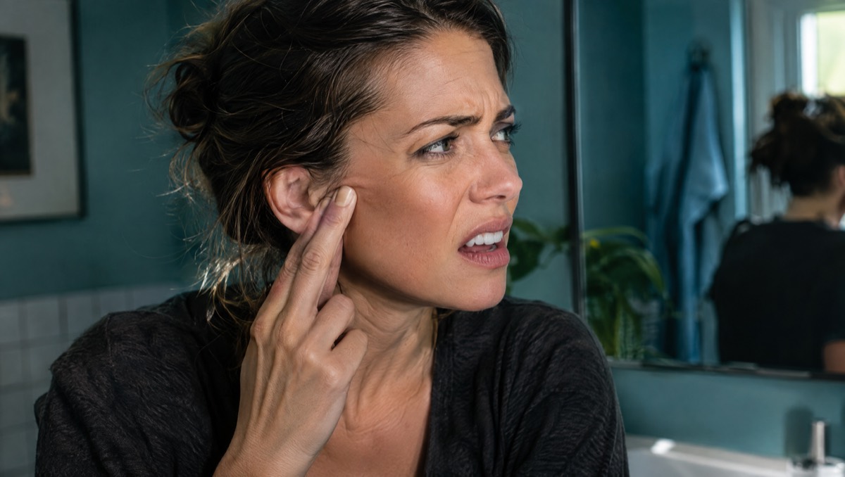 Woman pressing her jaw joint in front of her ear because of TMJ pain