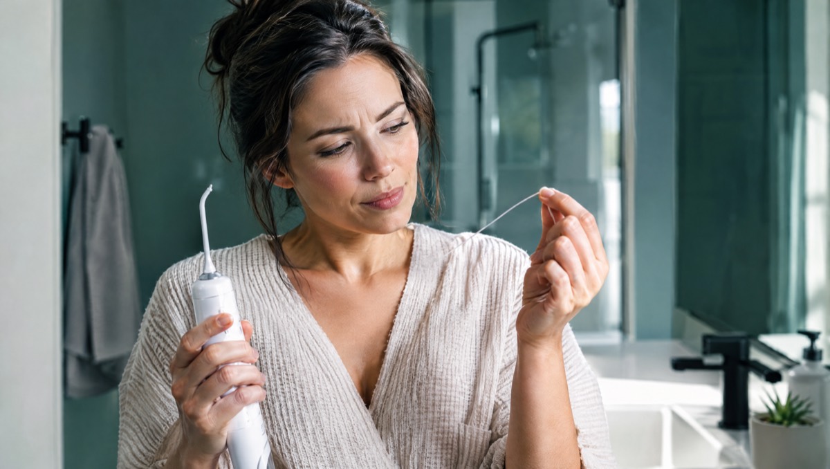 Woman at a bathroom sink comparing a water flosser and string dental floss